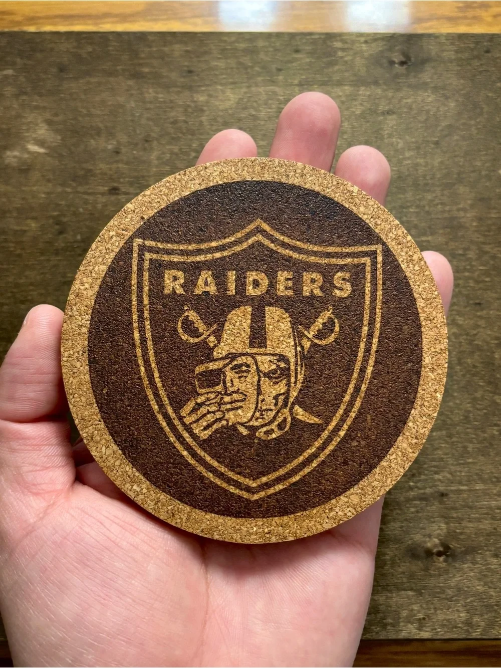 Las Vegas Raiders Unmasked Laser Engraved Cork Coaster